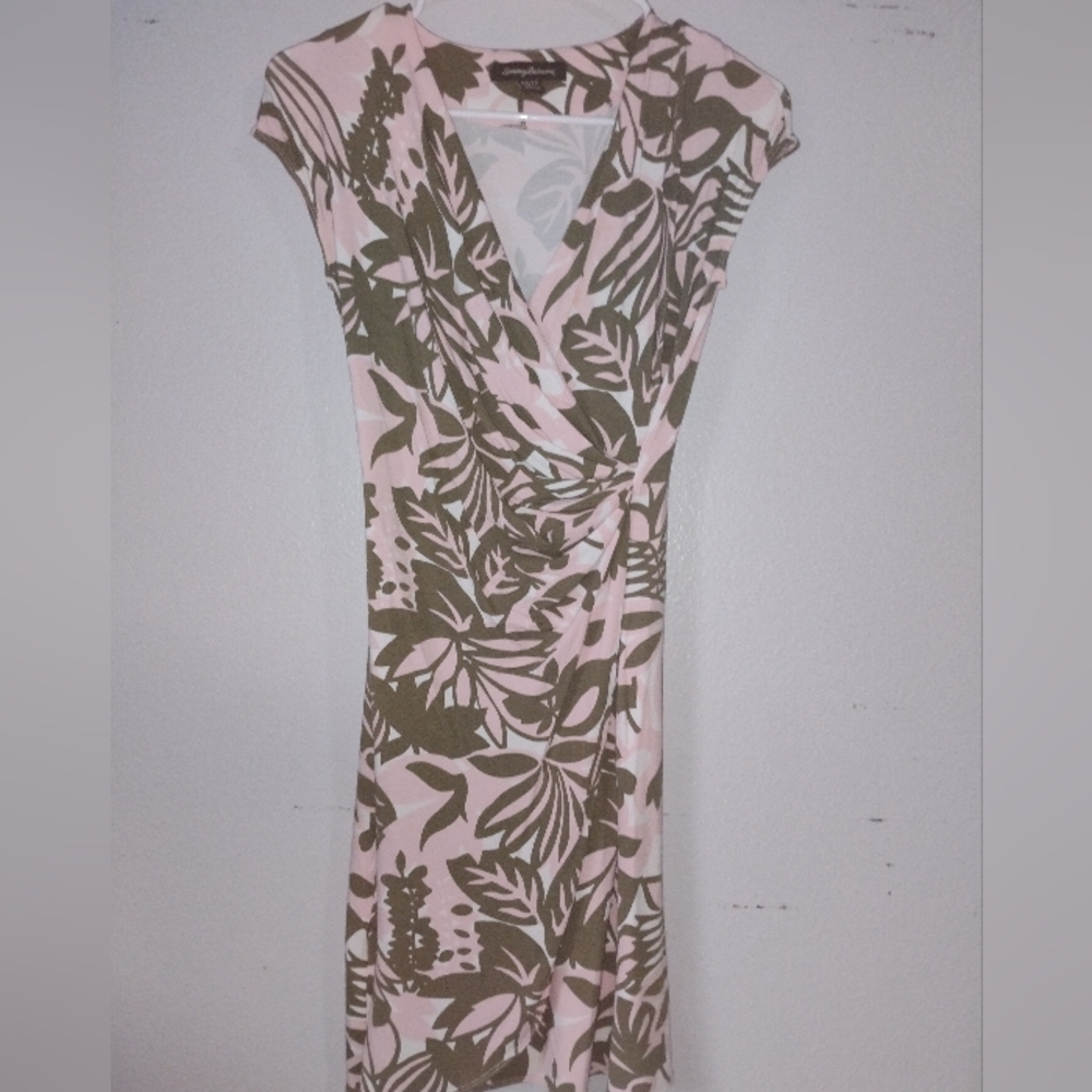 Tommy Bahama Pink and Olive Leaf-Print Wrap Midi Dress